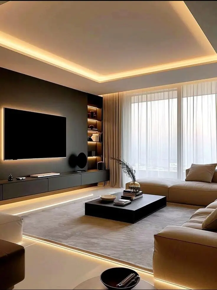 A minimalist living room in Singapore featuring a streamlined covelight false ceiling and a matching TV feature wall, working together to create a seamless, unified design