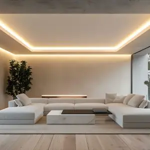 A modern living room with a covelight false ceiling, where soft, indirect light is used for wall washing, creating a uniform glow on the vertical surface