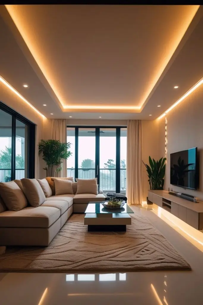 A modern living room featuring a double covelight false ceiling on two sides, creating a layered and multi-dimensional lighting effect